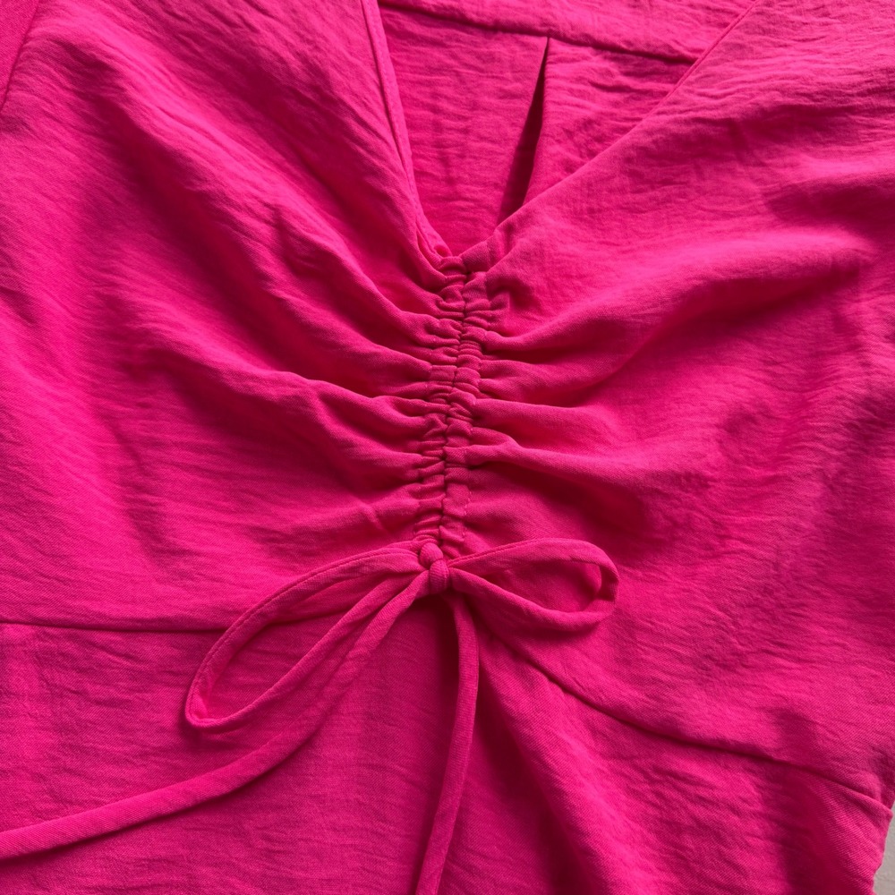 Monteau Los Angeles Women XS Hot Pink Ruched FlutterSleeve Mini Dress Barbiecore - Picture 8 of 13
